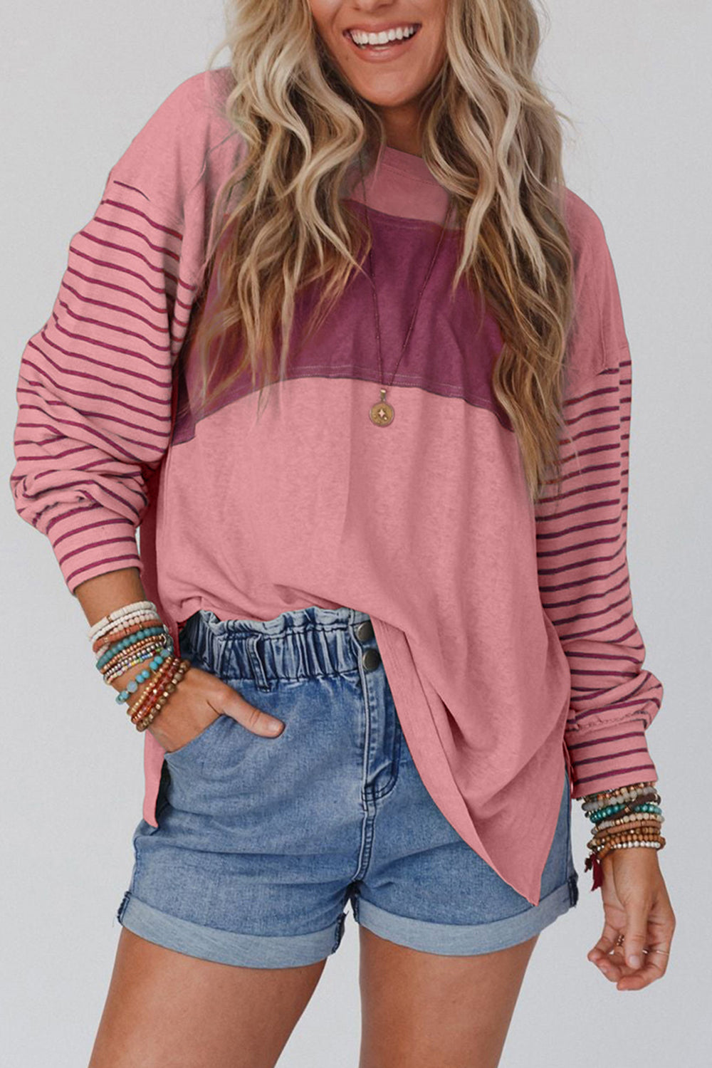 Striped Round Neck Long Sleeve T-Shirt (4 Colors)  Krazy Heart Designs Boutique   