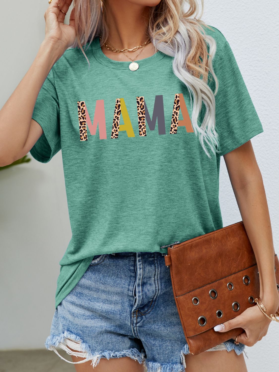 MAMA Leopard Graphic Short Sleeve Tee  Krazy Heart Designs Boutique Mid Green S 