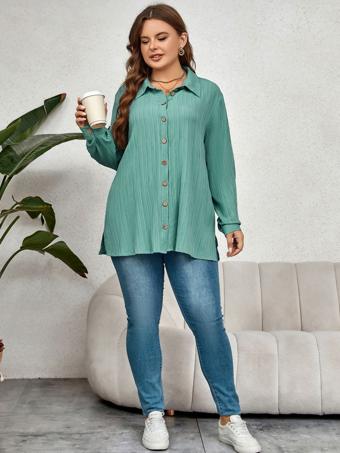 Plus Size Collared Neck Long Sleeve Shirt  Krazy Heart Designs Boutique   