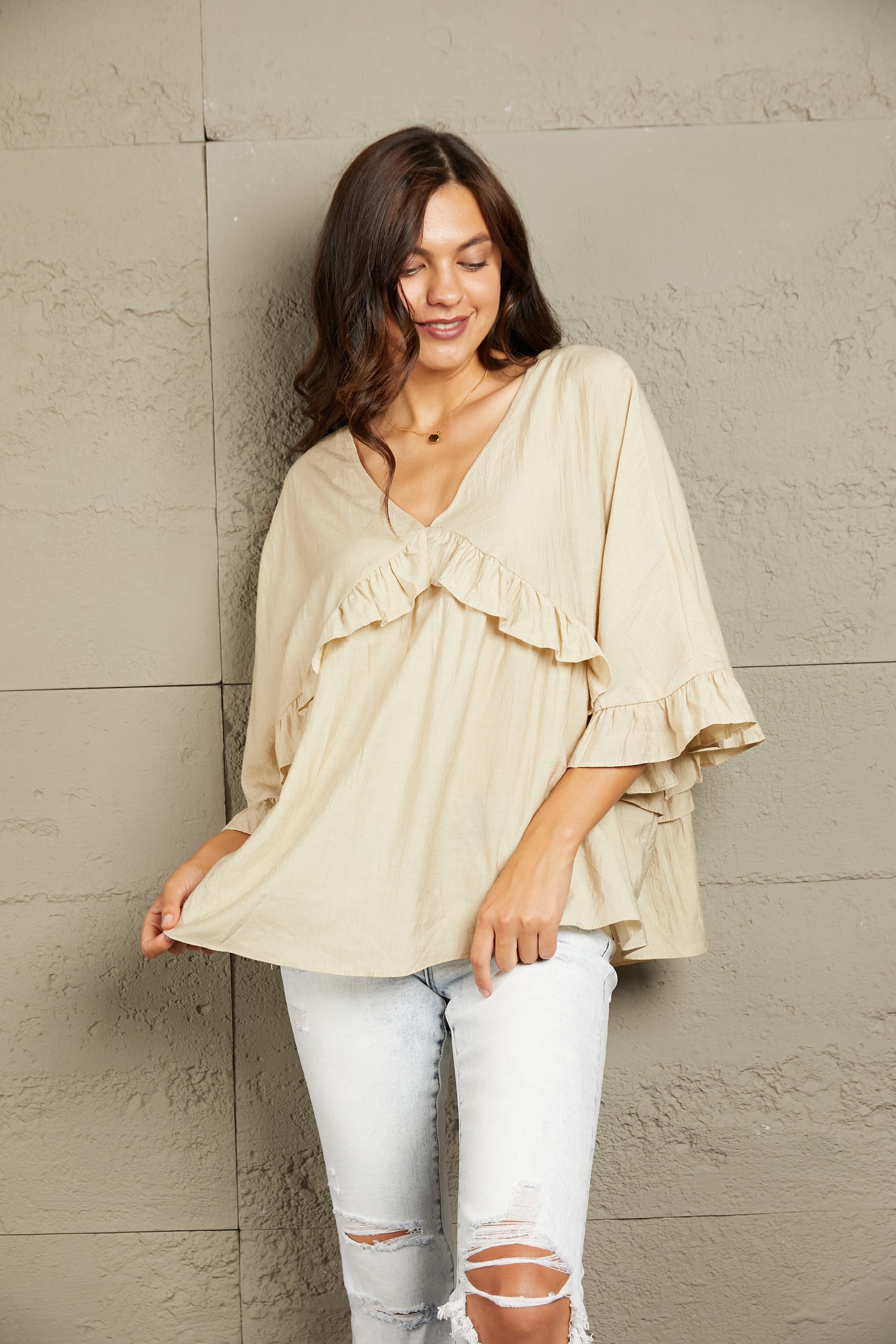 Double Take Ruffled V-Neck Half Sleeve Blouse  Krazy Heart Designs Boutique   