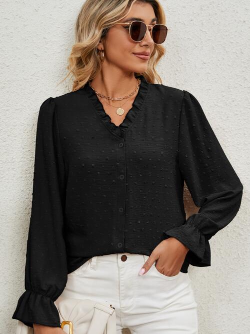 Button Up Flounce Sleeve V-Neck Shirt (5 Colors) Shirts & Tops Krazy Heart Designs Boutique   