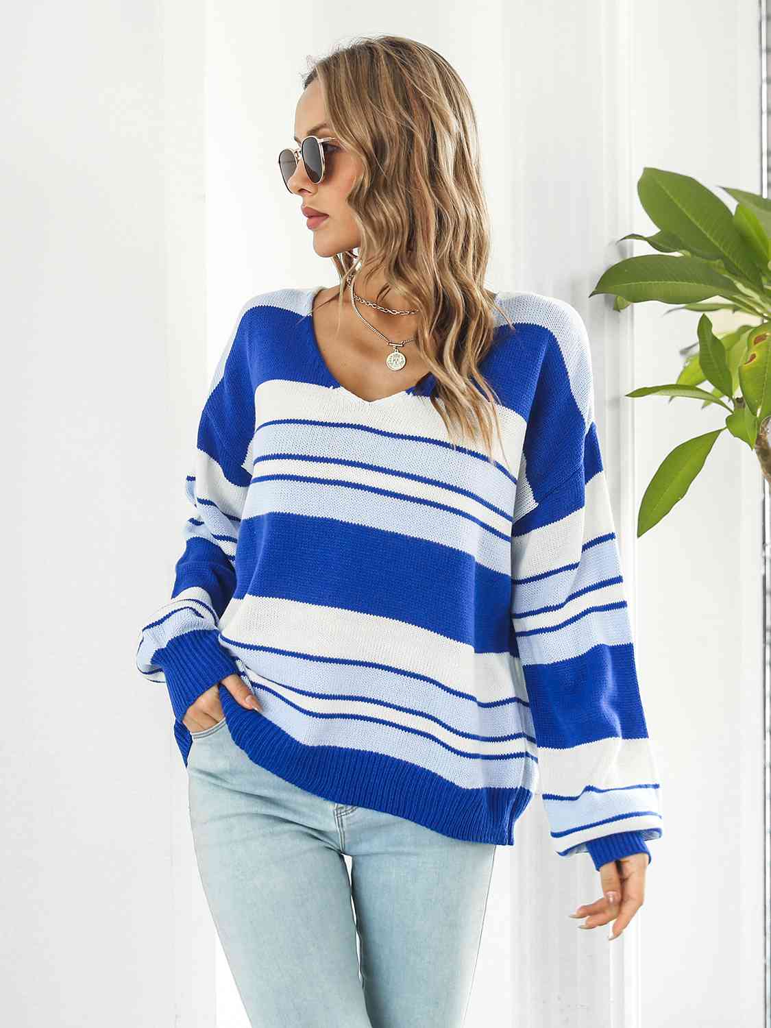 Striped V-Neck Long Sleeve Knit Top(3 Colors)  Krazy Heart Designs Boutique   