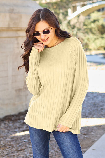 Basic Bae Full Size Ribbed Round Neck Long Sleeve Knit Top (5 Colors) Shirts & Tops Krazy Heart Designs Boutique Pastel Yellow S 