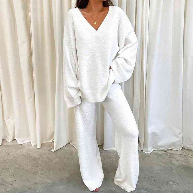 V-Neck Long Sleeve Top and Long Pants Set (5 Colors)  Krazy Heart Designs Boutique White S 