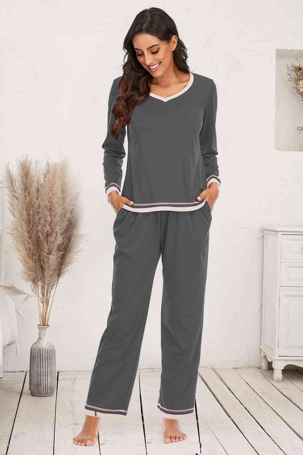 V-Neck Top and Pants Lounge Set (3 Colors) Loungewear Krazy Heart Designs Boutique Charcoal S 