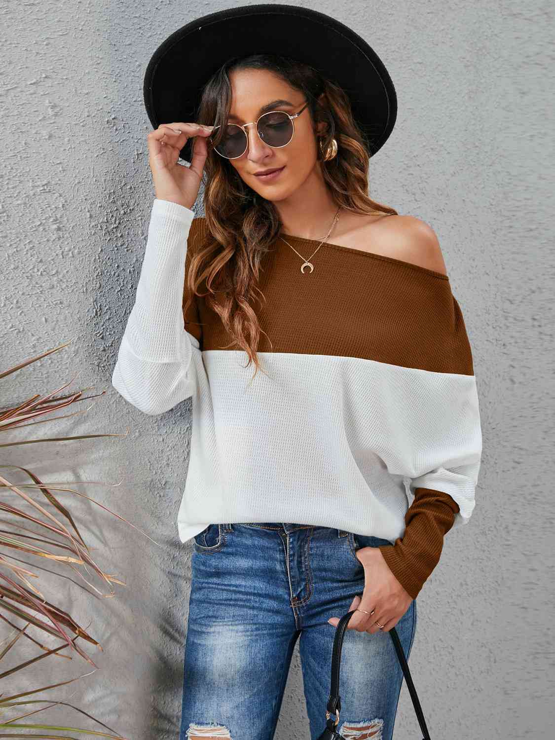 Two-Tone Boat Neck Knit Top Shirts & Tops Krazy Heart Designs Boutique Caramel XS 