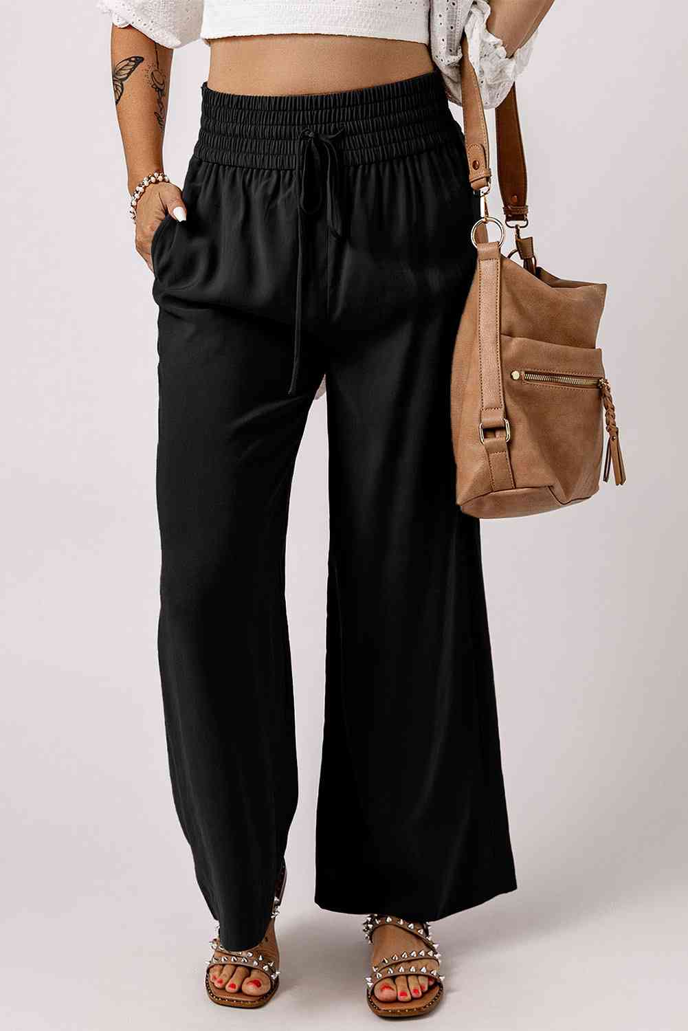 Drawstring Smocked Waist Wide Leg Pants (3 Colors) pants Krazy Heart Designs Boutique Black S 
