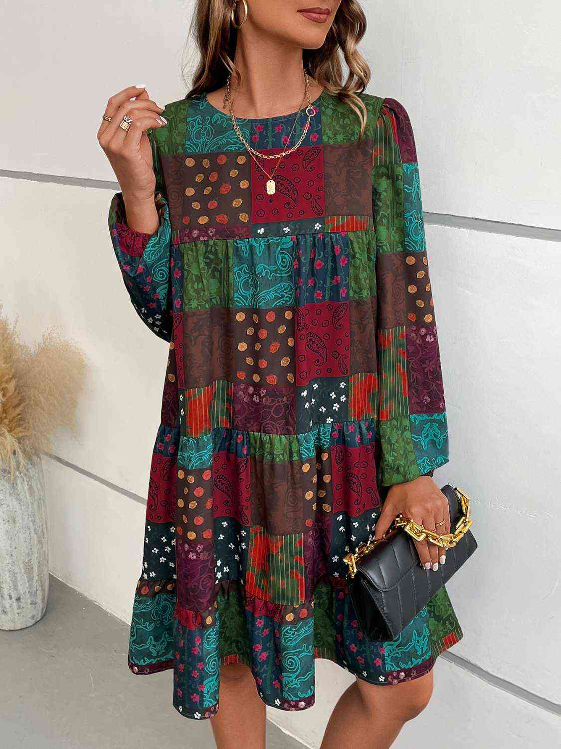 Patchwork Round Neck Long Sleeve Dress  Krazy Heart Designs Boutique   