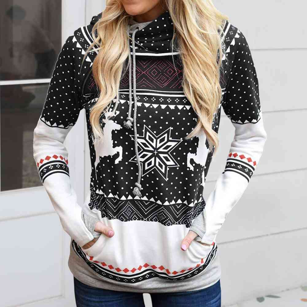 Reindeer & Snowflake Long Sleeve Hoodie with Pocket (5 Colors)  Krazy Heart Designs Boutique Black S 
