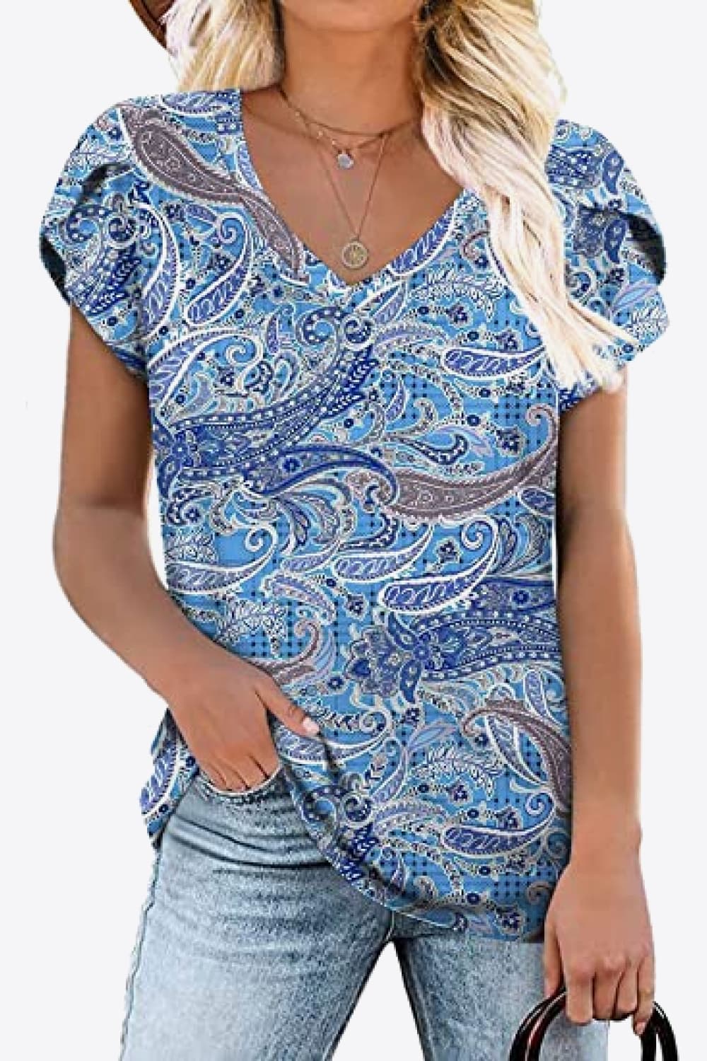 Printed Petal Sleeve V-Neck Blouse (12 Color Styles)  Krazy Heart Designs Boutique Cobalt Blue S 