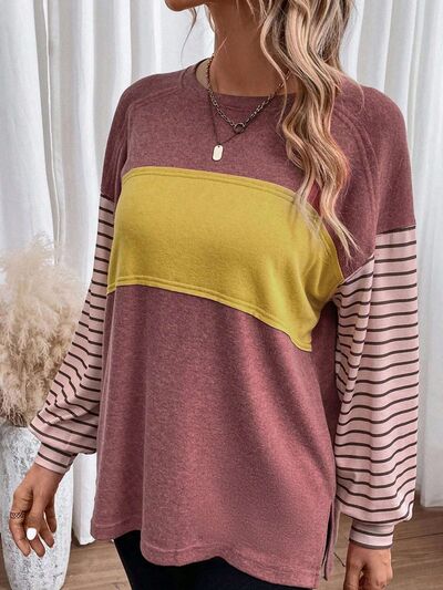 Round Neck Striped Long Sleeve Slit T-Shirt (5 Colors) Shirts & Tops Krazy Heart Designs Boutique   