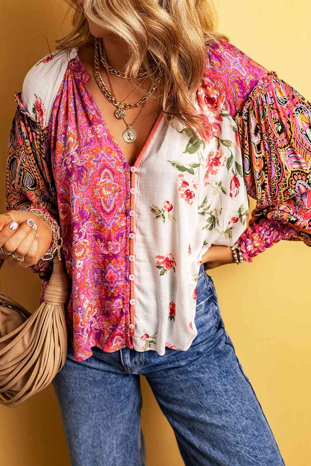 Multicolor Floral Notched Neck Lantern Sleeve Blouse  Krazy Heart Designs Boutique   