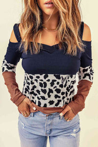 Leopard Print Color Block Cold-Shoulder Top Shirts & Tops Krazy Heart Designs Boutique   