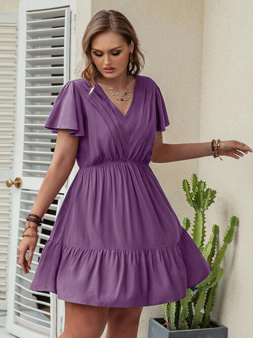 Double Take Plus Size Ruffle Hem V-Neck Short Sleeve Dress (4 Colors)  Krazy Heart Designs Boutique Dusty Purple 0XL 