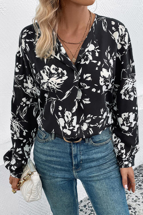 Floral Collared Neck Long Sleeve Top Shirts & Tops Krazy Heart Designs Boutique Black S 