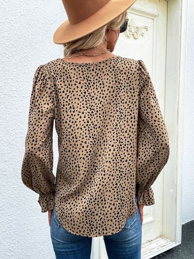 Leopard Print Round Neck Flounce Sleeve Blouse Shirts & Tops Krazy Heart Designs Boutique   
