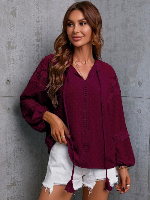 Crochet Tassel Tie Neck Long Sleeve Blouse (4 Colors) Shirts & Tops Krazy Heart Designs Boutique   