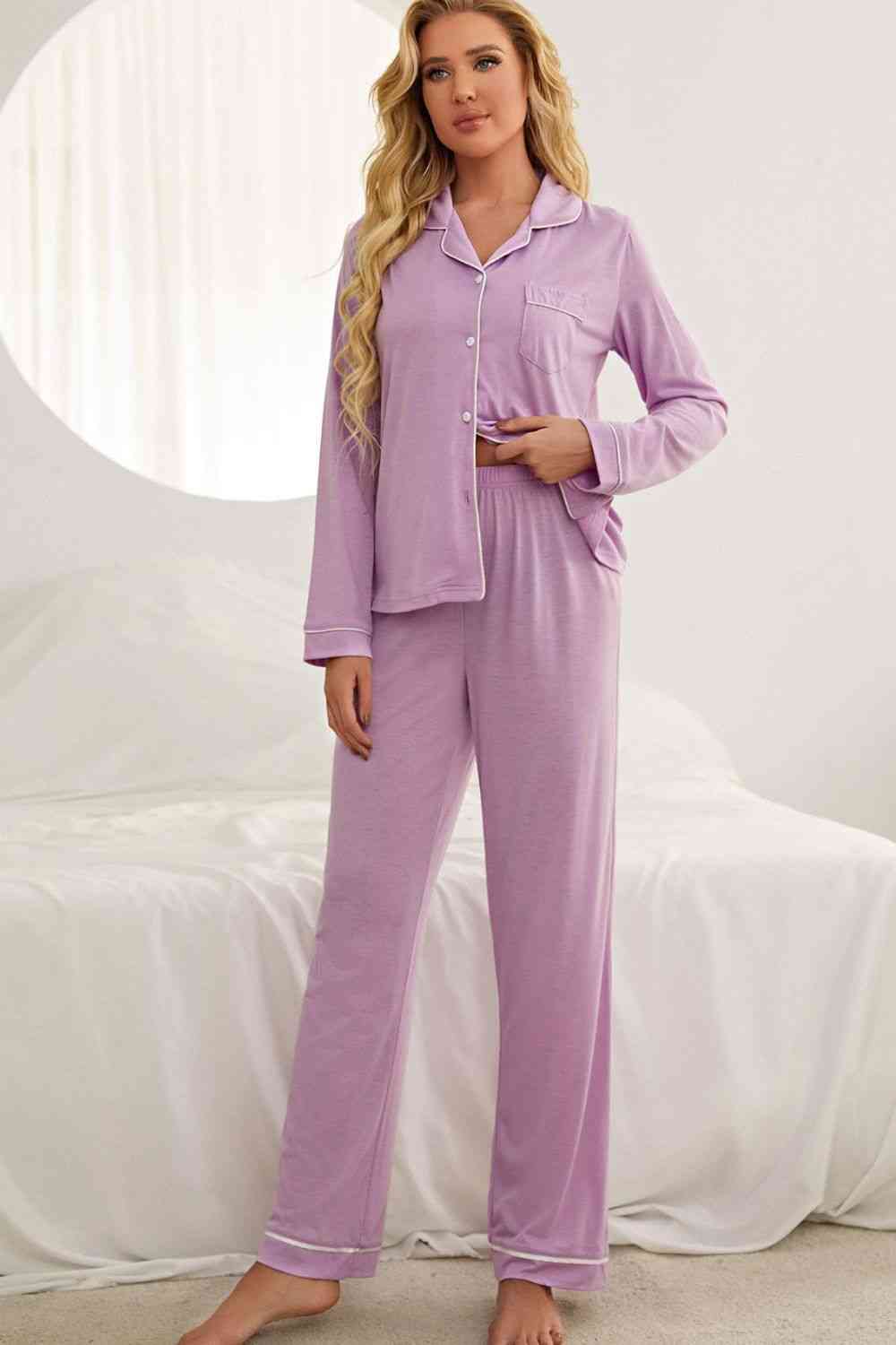 Contrast Piping Button Down Top and Pants Loungewear Set (2 Colors) Loungewear Krazy Heart Designs Boutique Purple S 