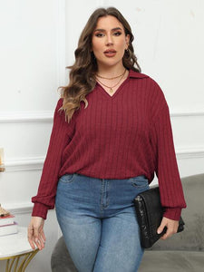 Plus Size Ribbed Collared Neck Long Sleeve Blouse (4 Colors) Shirts & Tops Krazy Heart Designs Boutique Brick Red L 