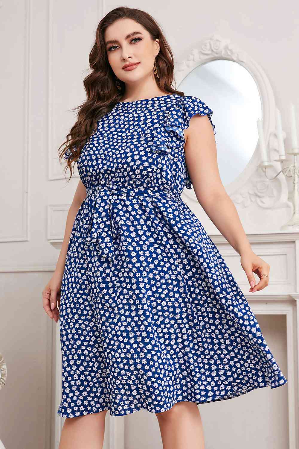 Plus Size All Over Print Round Neck Tie Waist Dress  Krazy Heart Designs Boutique Cobalt Blue 1XL 