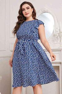 Plus Size All Over Print Round Neck Tie Waist Dress  Krazy Heart Designs Boutique Cobalt Blue 1XL 