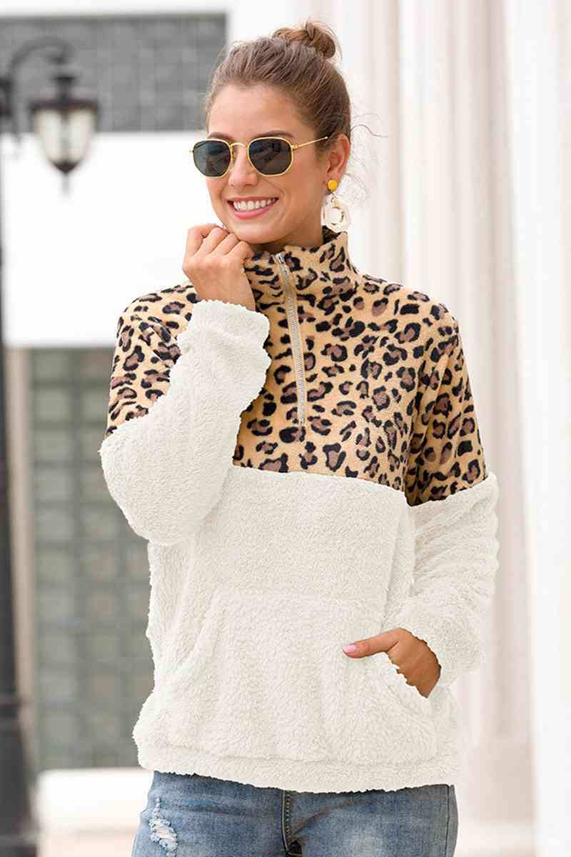 Leopard Print Zip-Up Turtle Neck Dropped Shoulder Sweatshirt Shirts & Tops Krazy Heart Designs Boutique White S 