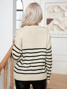 Striped Round Neck Cable-Knit Sweater Shirts & Tops Krazy Heart Designs Boutique   