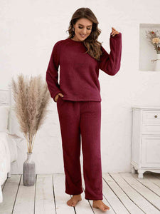Teddy Long Sleeve Top and Pants Lounge Set (9 Colors) Loungewear Krazy Heart Designs Boutique Wine S 