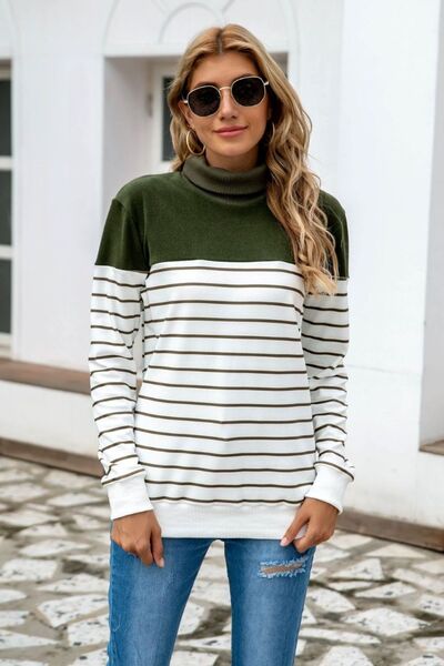 Striped Contrast Turtleneck Sweater (5 Colors) Shirts & Tops Krazy Heart Designs Boutique Army Green S 