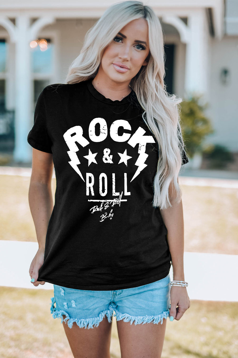 ROCK & ROLL Graphic Round Neck Short Sleeve Tee  Krazy Heart Designs Boutique Black S 