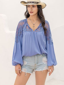 Lace Detail Tie Neck Balloon Sleeve Blouse Shirts & Tops Krazy Heart Designs Boutique   