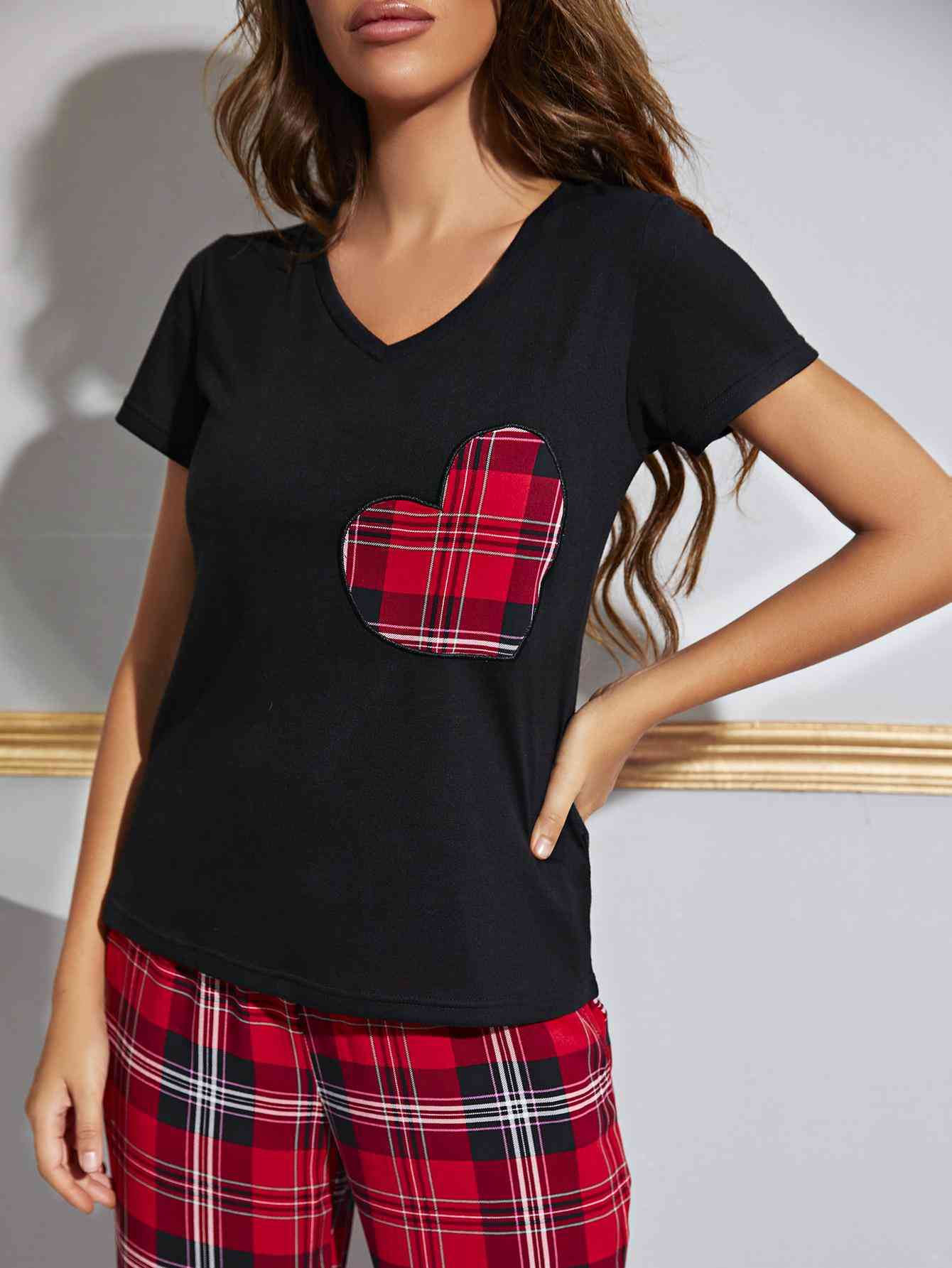 Heart Graphic V-Neck Top and Plaid Pants Lounge Set Loungewear Krazy Heart Designs Boutique   