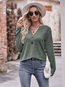 Double Take Buttoned Notched Neck Long Sleeve Top (6 Colors)  Krazy Heart Designs Boutique   
