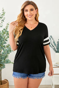 Plus Size Striped V-Neck Tee Shirt (10 Colors)  Krazy Heart Designs Boutique Black 1X 