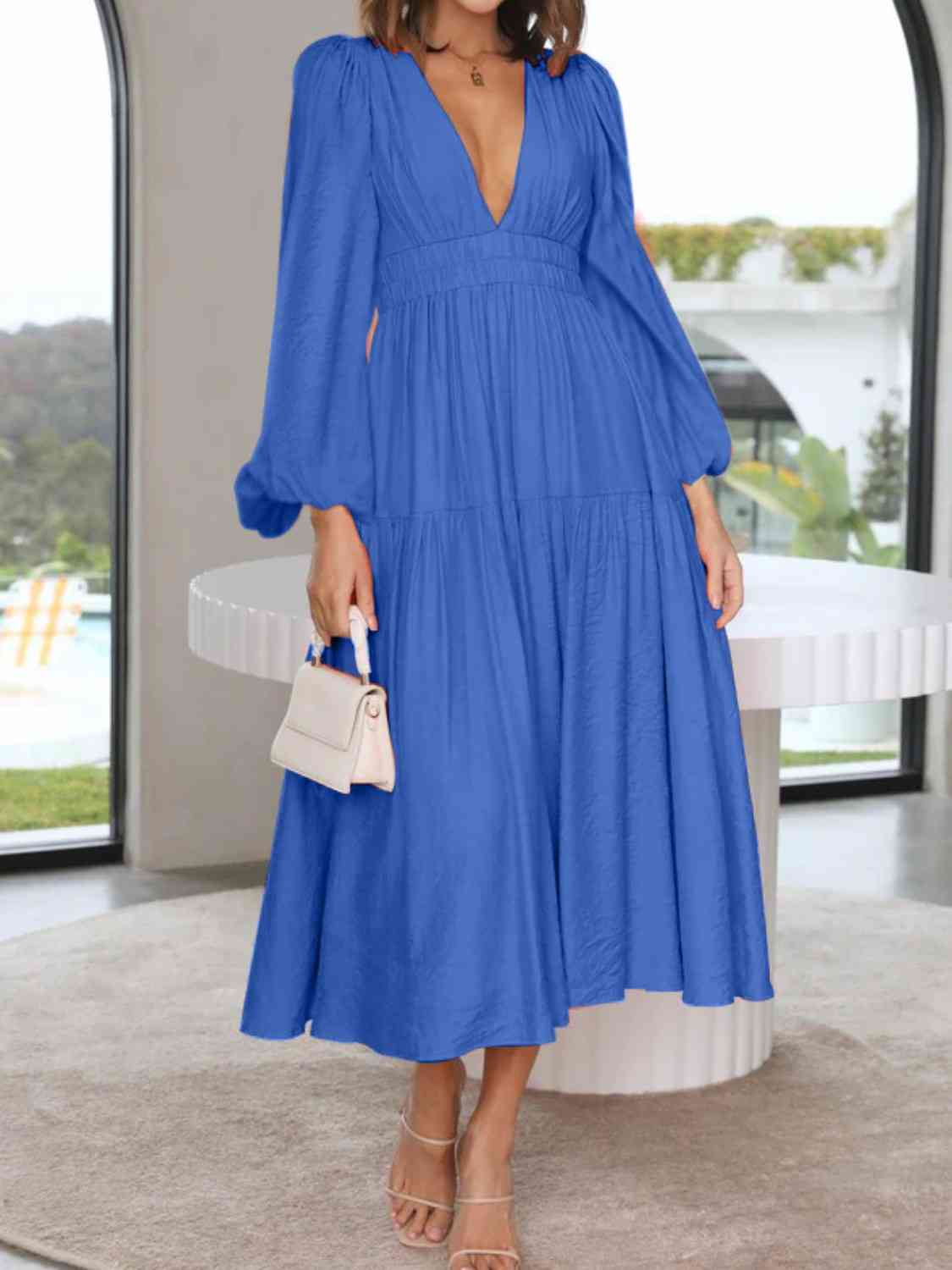 Deep V-Neck Balloon Sleeve Plain Maxi Dress (8 Colors)  Krazy Heart Designs Boutique Cobalt Blue S 