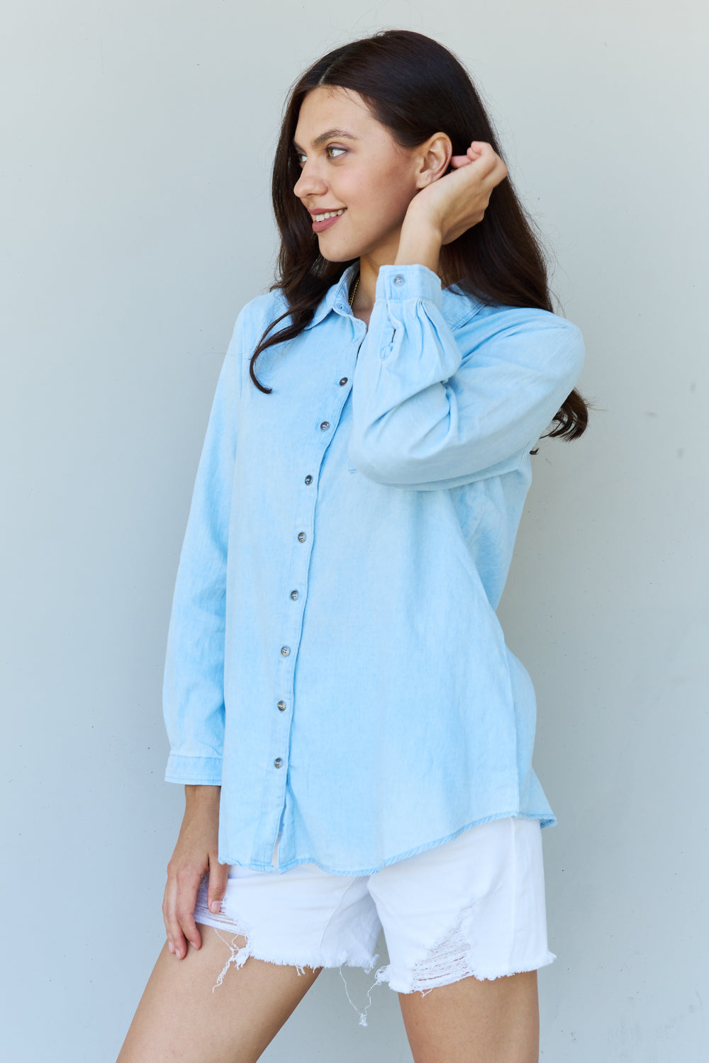 Doublju Blue Jean Baby Denim Button Down Shirt Top in Light Blue  Krazy Heart Designs Boutique   