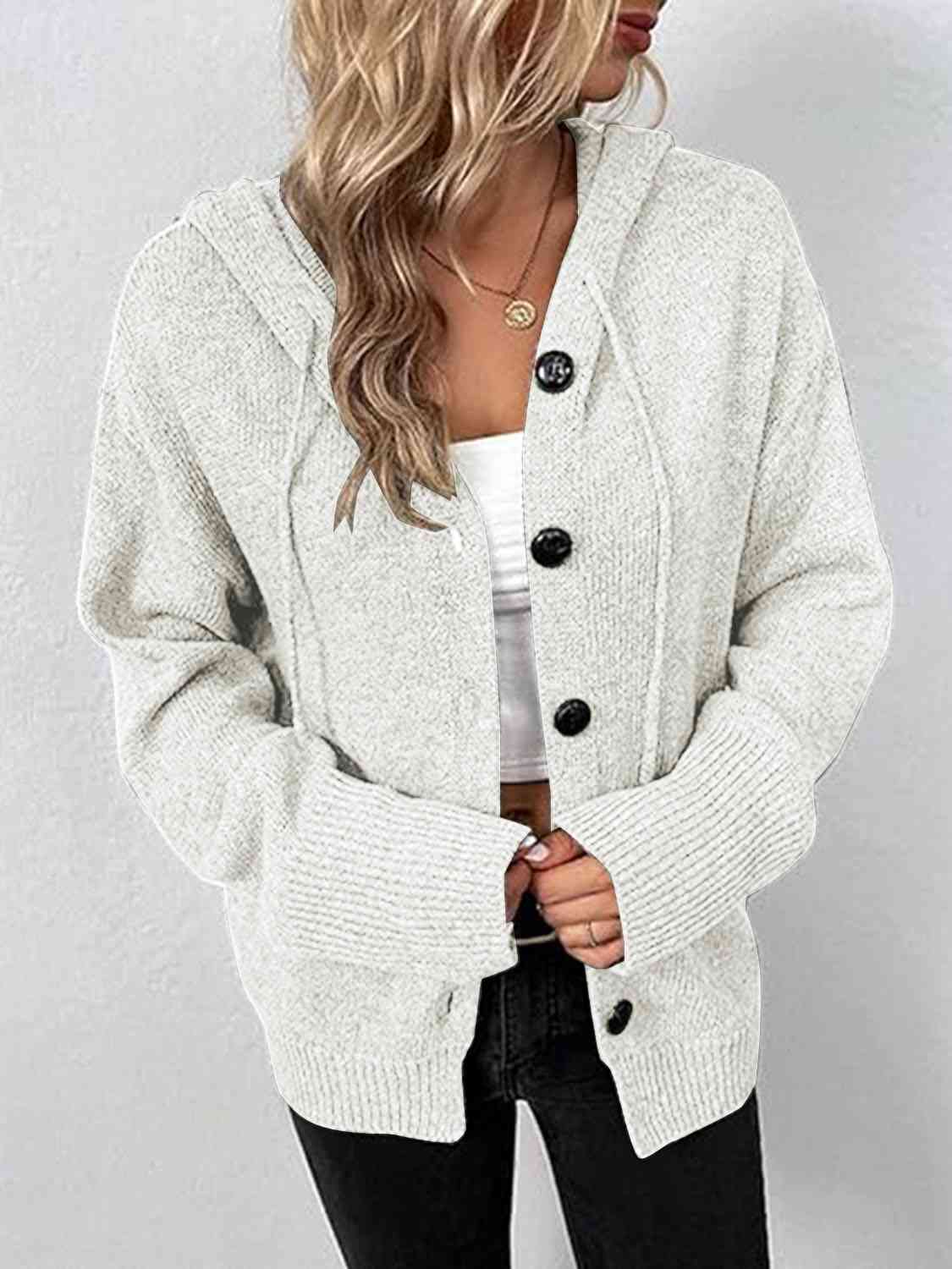 Button Up Drawstring Long Sleeve Hooded Cardigan (3 Colors)  Krazy Heart Designs Boutique White S 