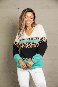 Woven Right Leopard Color Block V-Neck Rib-Knit Sweater Shirts & Tops Krazy Heart Designs Boutique   