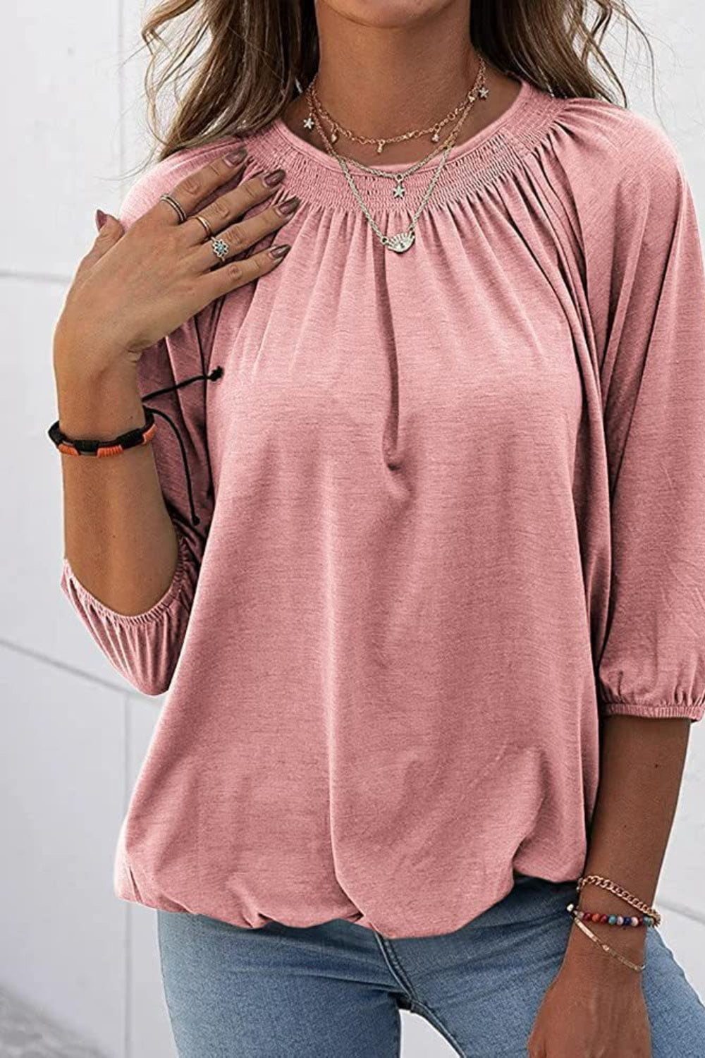 Gathered Detail Round Neck Top (8 Colors)  Krazy Heart Designs Boutique Blush Pink S 