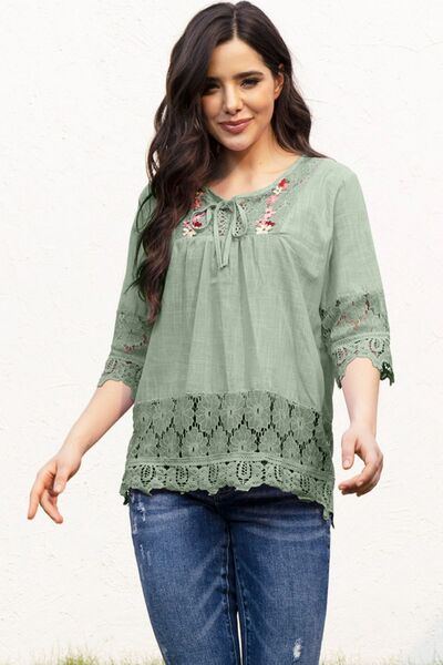 Tie Neck Lace Detail Half Sleeve Blouse (7 Colors) Shirts & Tops Krazy Heart Designs Boutique Sage S 
