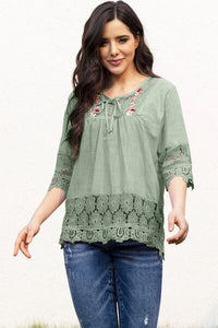 Tie Neck Lace Detail Half Sleeve Blouse (7 Colors) Shirts & Tops Krazy Heart Designs Boutique Sage S 