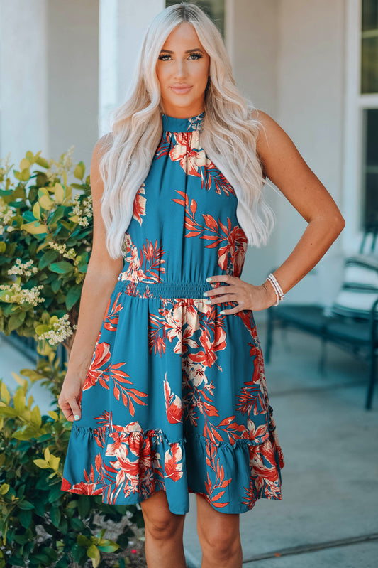 Floral Smocked Waist Sleeveless Dress  Krazy Heart Designs Boutique Peacock  Blue S 