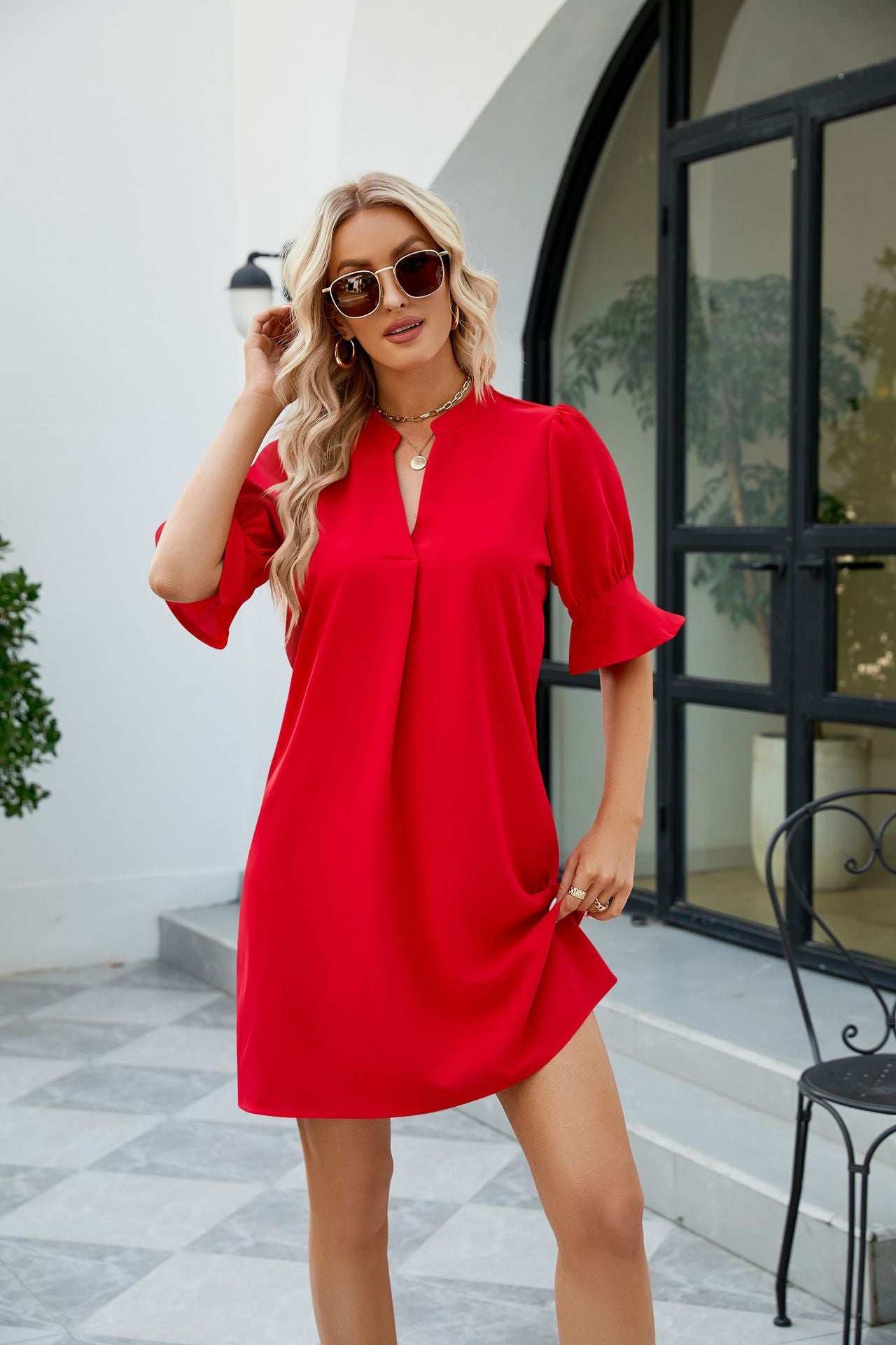 Notched Neck Flounce Sleeve Mini Dress (5 Colors)  Krazy Heart Designs Boutique Red S 