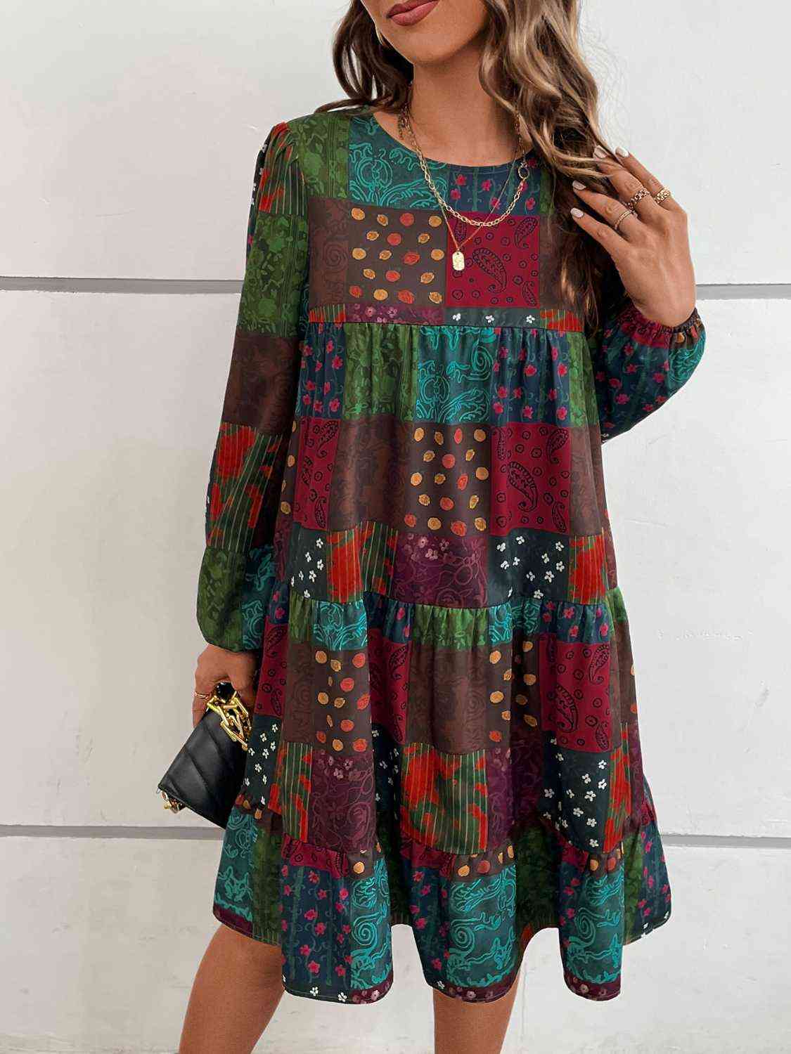 Patchwork Round Neck Long Sleeve Dress  Krazy Heart Designs Boutique   