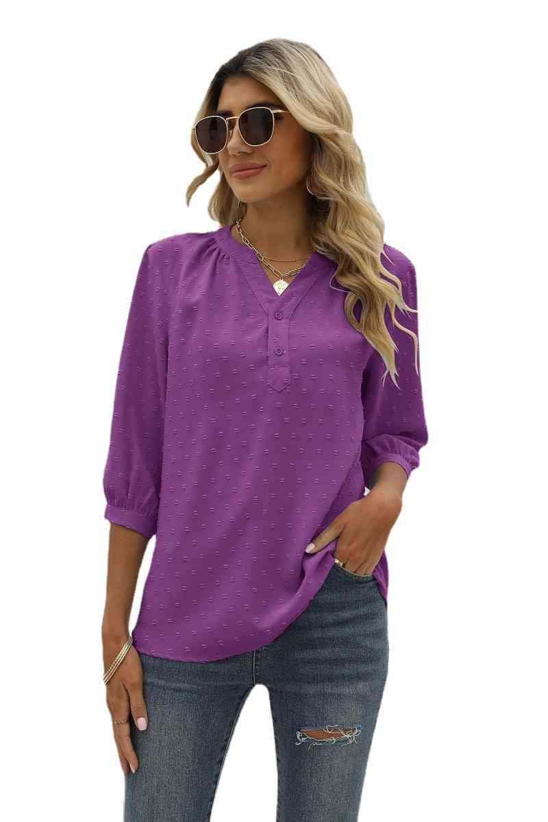 Swiss Dot Notched Neck Three-Quarter Sleeve Blouse (9 Colors)  Krazy Heart Designs Boutique   