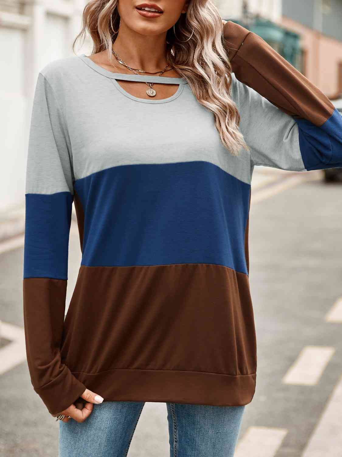 Color Block Cutout Round Neck Long Sleeve T-Shirt  Krazy Heart Designs Boutique   