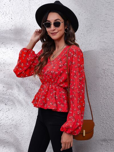 Floral V-Neck Balloon Sleeve Peplum Blouse Shirts & Tops Krazy Heart Designs Boutique   