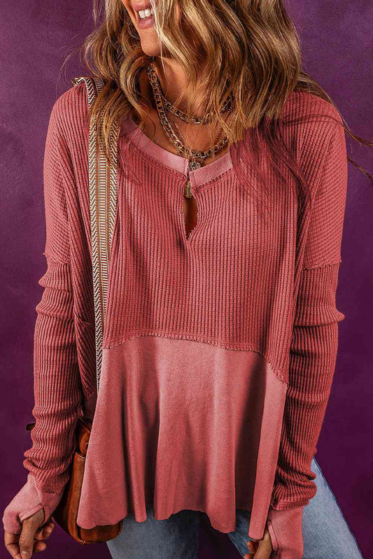 Notched Neck Long Sleeve Slit Blouse  Krazy Heart Designs Boutique Burnt Coral S 