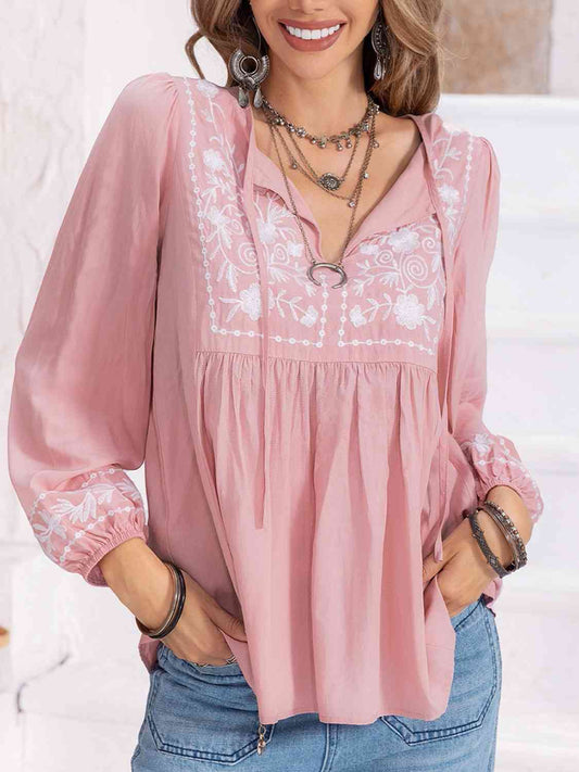 Floral Tie Neck Balloon Sleeve Blouse (6 Colors)  Krazy Heart Designs Boutique Blush Pink S 