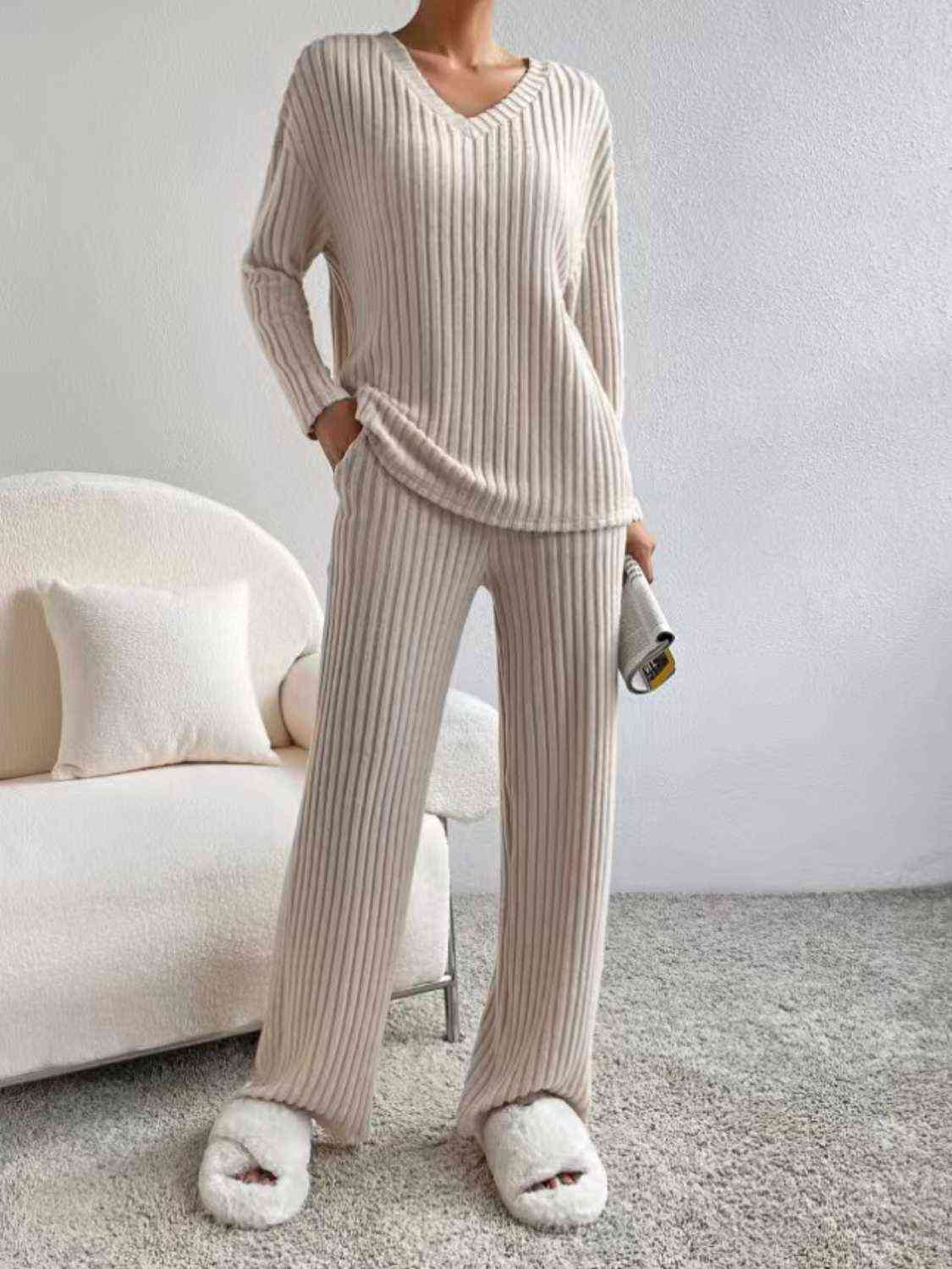 Ribbed V-Neck Long Sleeve Top and Pants Set (4 Colors) Outfit Sets Krazy Heart Designs Boutique Dust Storm XS 